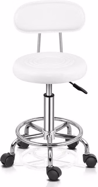 Nordara Salon Swivel Stool with Backrest in White with Synthetic Leather and Castors