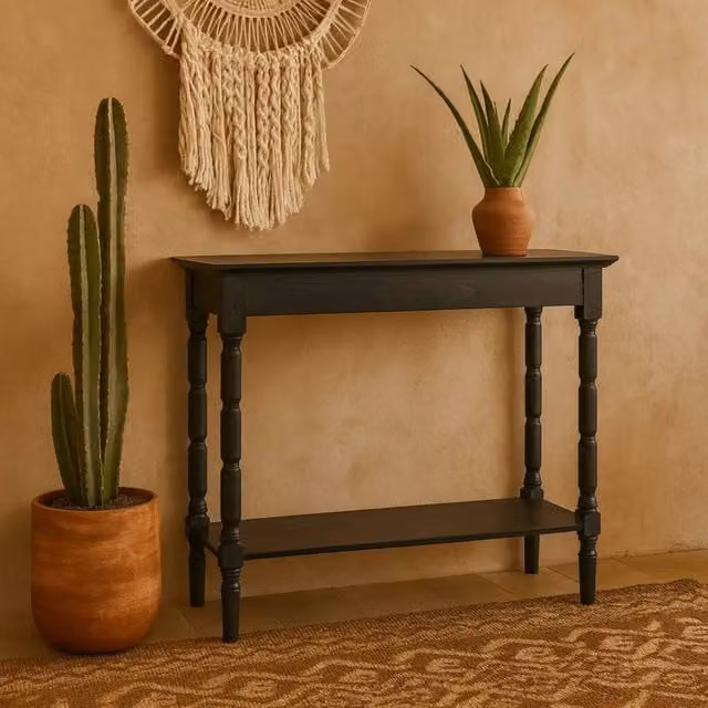 Wyld Haus Ploumanach Black Wooden Console Table with Lower Shelf, W/D/H: 80 x 35 x 80 cm