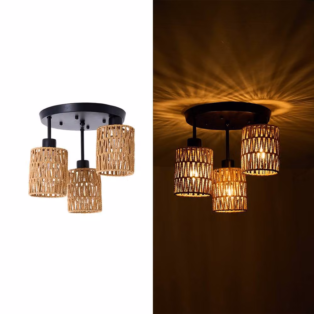 Living and Home Bohemian 3-Light Rattan and Metal Cage Ceiling Light in Black – 3