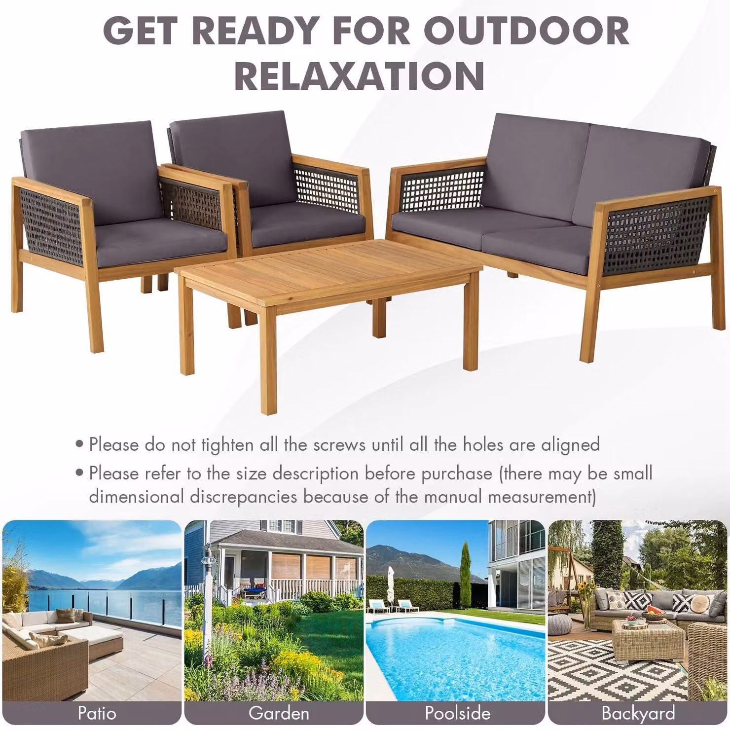 Costway 4-Piece Acacia Wood and PE Rattan Patio Furniture Set in Grey with Upholstered Cushions – 5