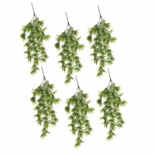 Leaf Pack of 6 Green Artificial Hanging Fern Plants, UV and Fire Resistant, 75 cm