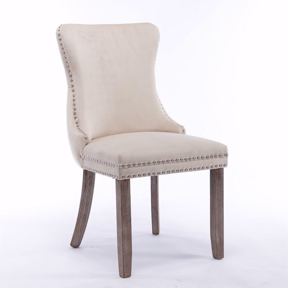 Modern Home Touch Sierra Lux Set of 4 Beige Velvet Dining Chairs with Tufted Wing Backs and Oak Wood Upholstered Frames – 2