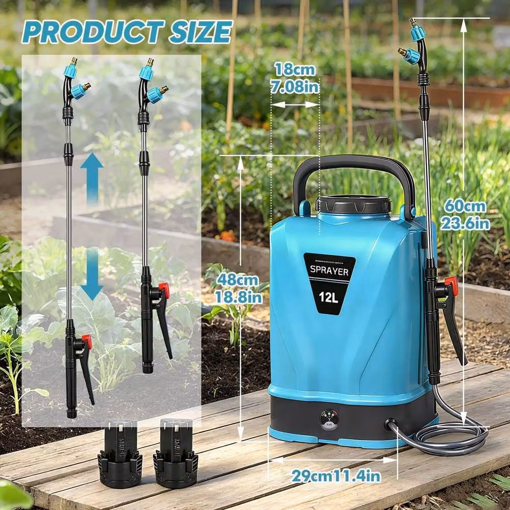 Kelvenix 12L Electric Cordless Knapsack Pressure Sprayer in Blue with Rechargeable Battery and Quick Charger – 2