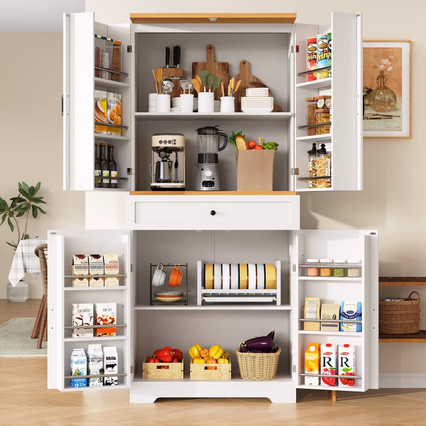Aosom UK Tall Kitchen Sideboard in White with Double-Door Cabinets and Internal Storage, H 180 x W 40 x D 80 cm – 4