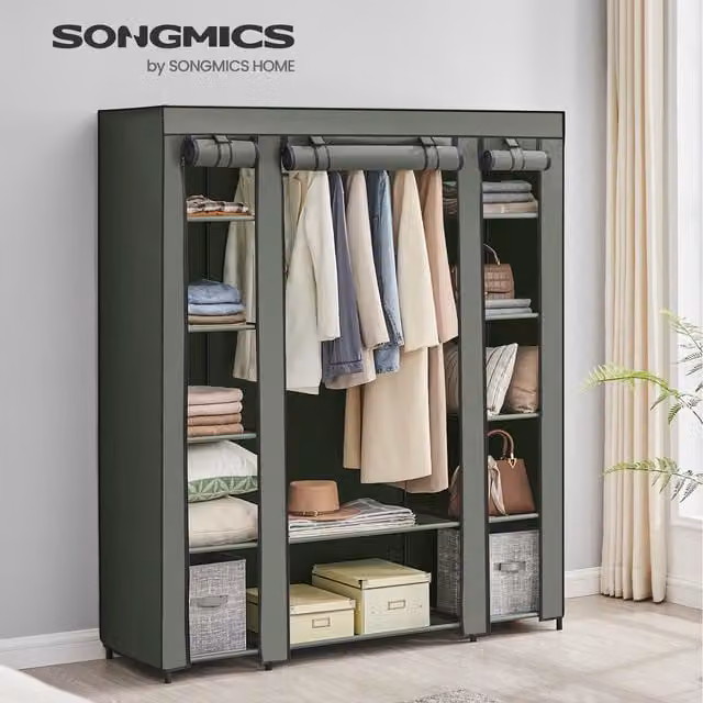 SONGMICS Portable Fabric Wardrobe with Hinged Doors in Green, H 175 x W 45 x D 45 cm
