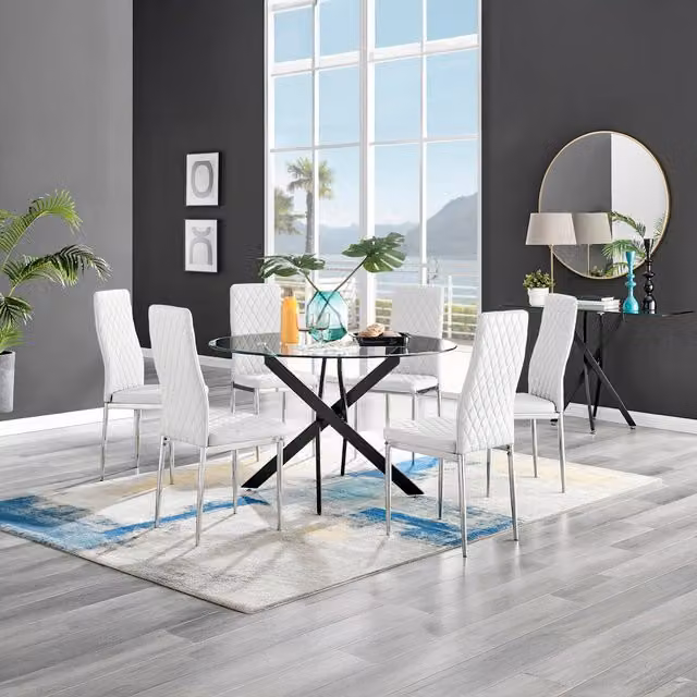 FurnitureboxUK Novara Round Glass Dining Table with 6 White Milan Chrome Leg Chairs, Diameter: 120 cm