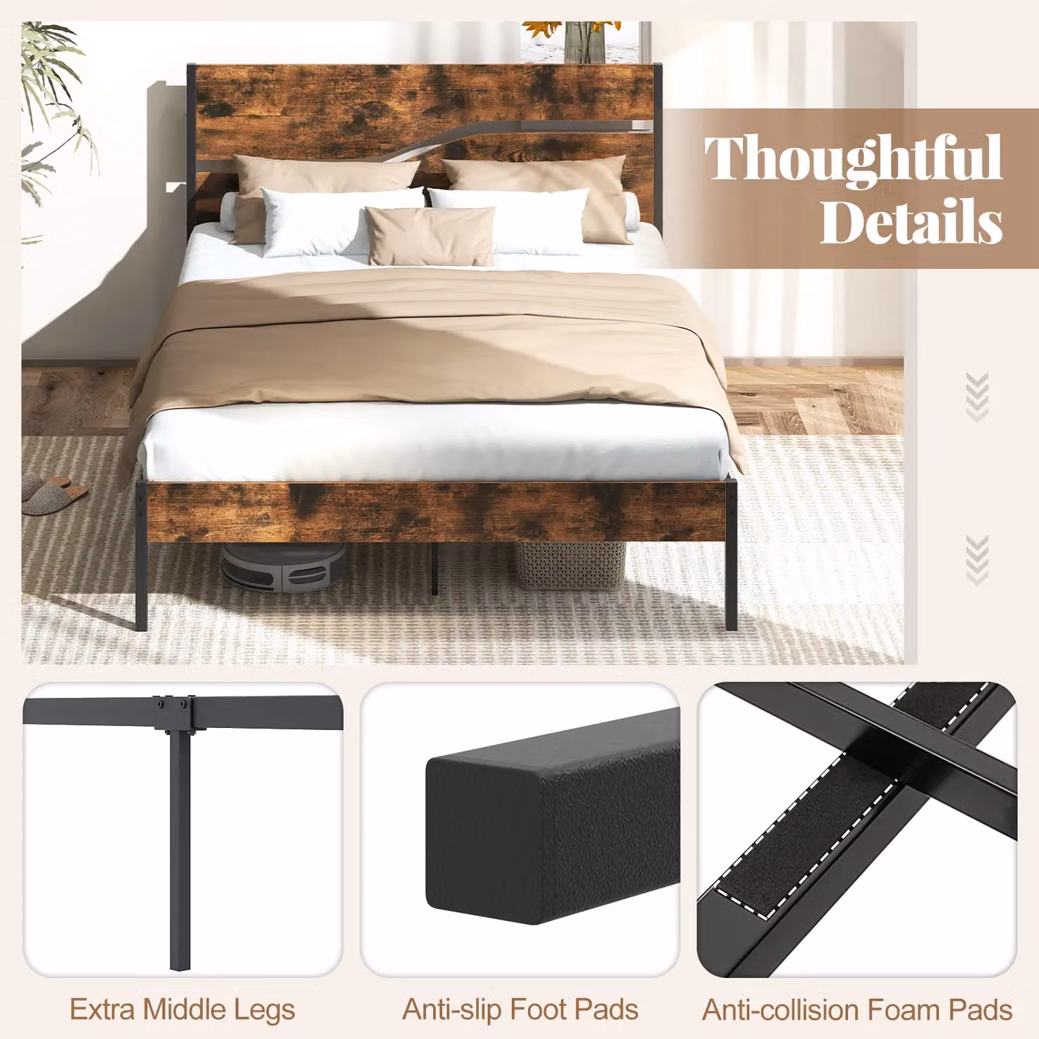 Costway King Metal Industrial Platform Bed with Brown Wooden Headboard, 180 x 200 cm – 3
