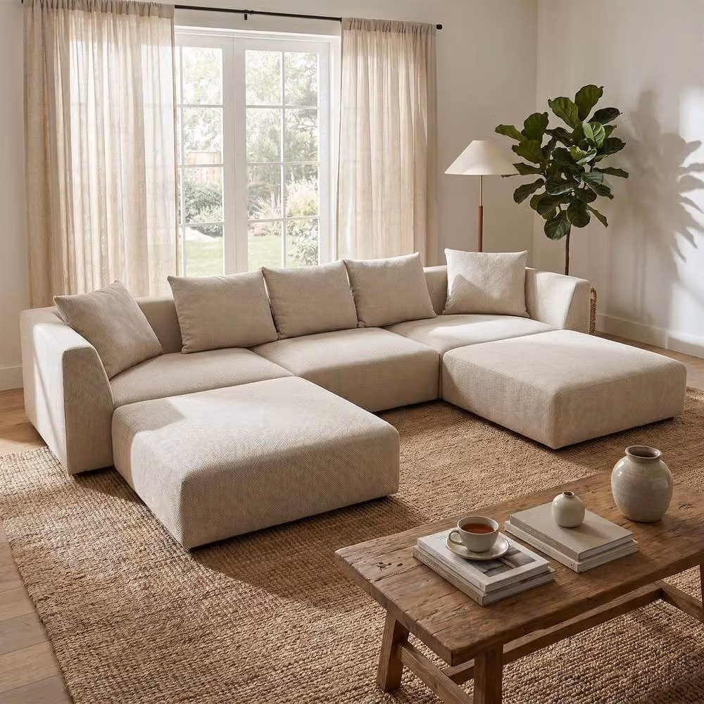 Abakus Direct Tokyo U-Shape Modular Sofa in Sand Fabric with Bamboo and Rattan Details – 2