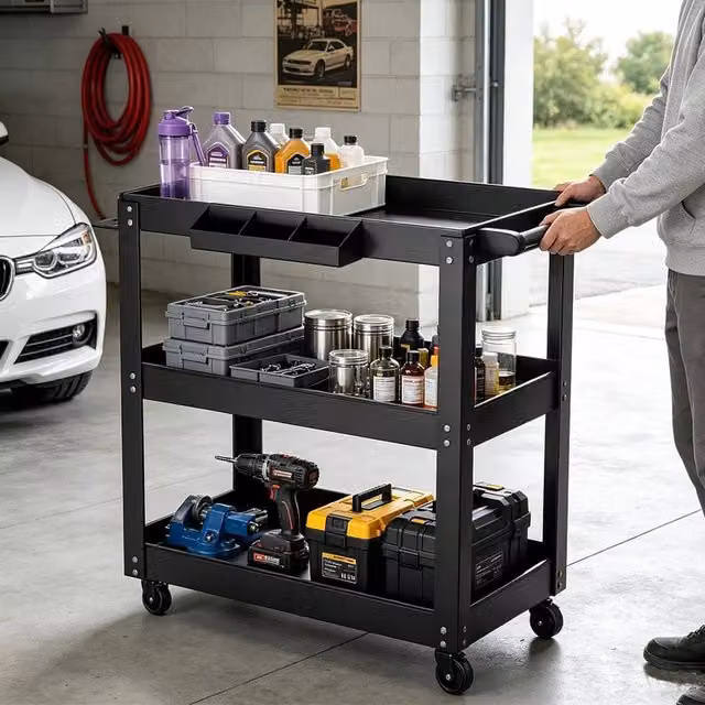 FORGEVIO Heavy Duty 3 Tier Steel Garage Tool Storage Trolley, Black, W/D/H: 76.0 x 35.0 x 66.0 cm – 1