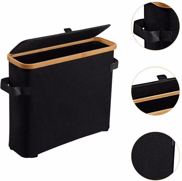 Kelvenix Black Bamboo Toilet Paper Storage Basket with Lid