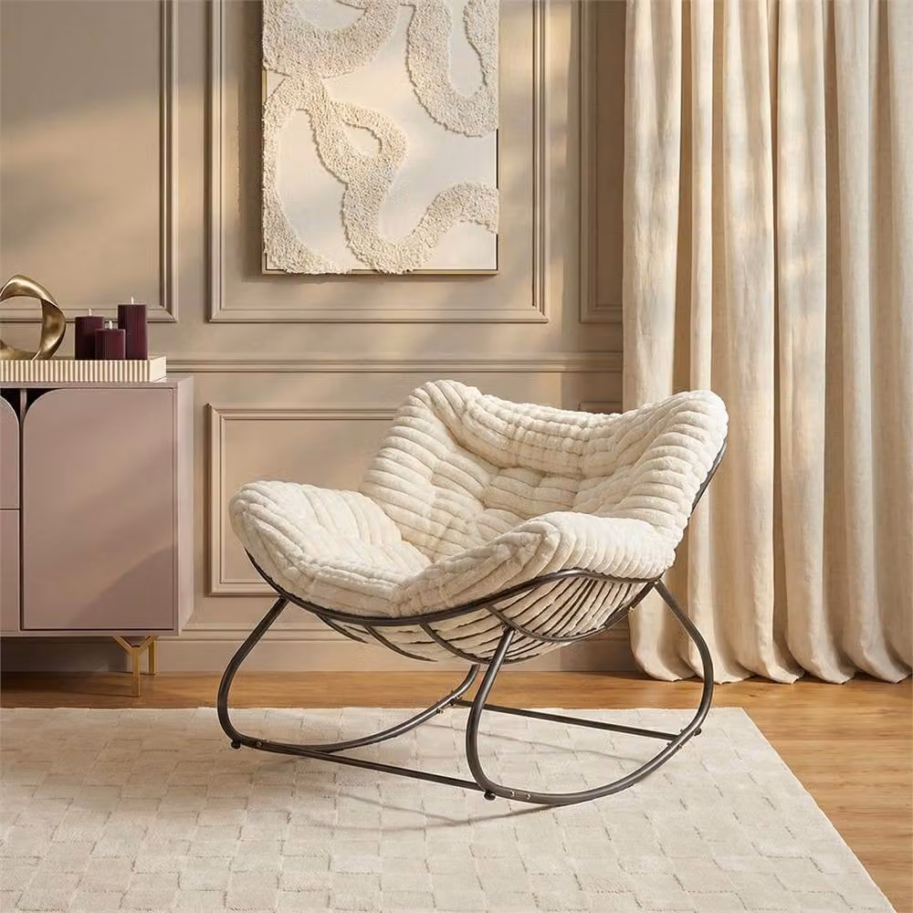 PAWNORA Faux Fur Upholstered Rocking Chair with Metal Frame in Beige and White – 2