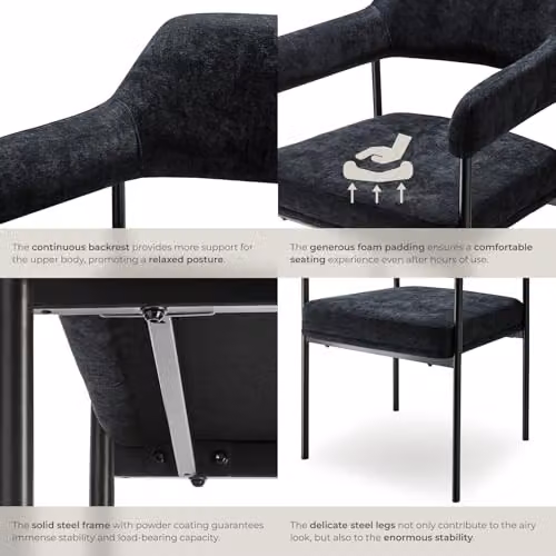 tectake Set of 4 Doe Armchairs in Black Woven Fabric with Metal Legs – 7