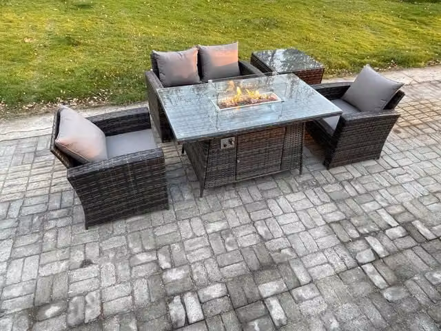 Fimous 4 Seater Outdoor Rattan Sofa Set with Gas Firepit Dining Table and Side Table in Dark Grey