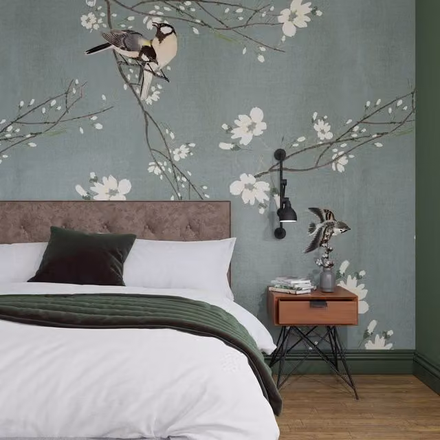Superfresco Easy Birds & Blossom Dark Duck Egg Blue Floral Wall Mural, W: 300 cm, H: 280 cm