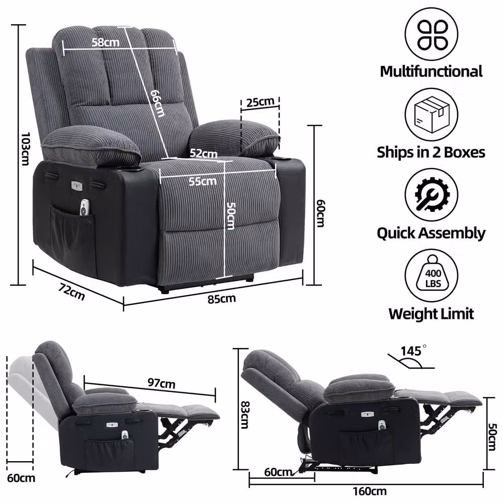 KEEPREAPER Comfortable Power Recliner Chair with 8-Point Massage, Heating and Cup Holder in Grey – 2