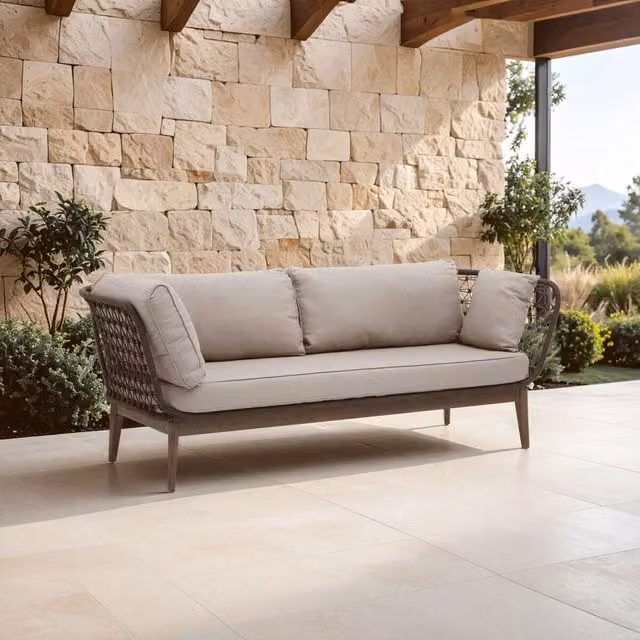 Orsina Three Seat Rattan Sofa with Grey Cushioning in Beige and Cream – 2