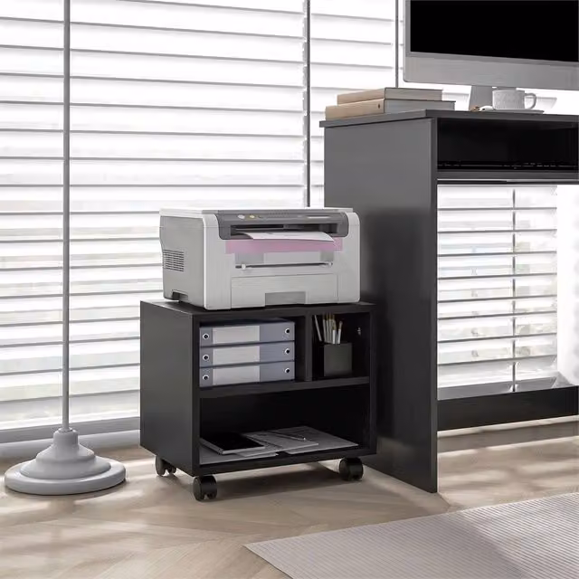 HOMCOM Black 2-Tier Printer Stand on Wheels with 3 Compartments – 1