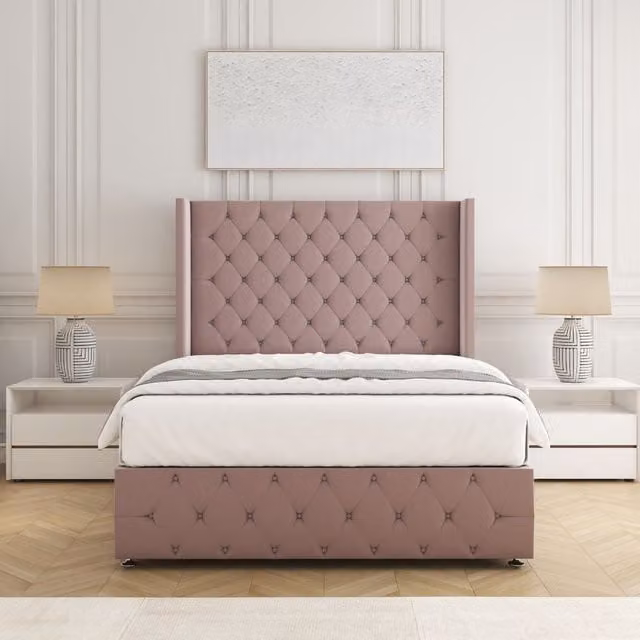 BSSPOKE Ruby Divan Bed Set with 54 inch Headboard and Mattress in Pink Plush Velvet, W/D/H: 90 x 190 cm
