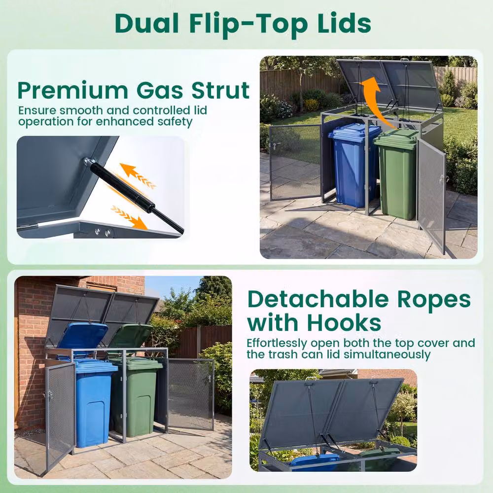 Costway Metal Trash Can Storage Shed for 2 Bins in Grey – 7