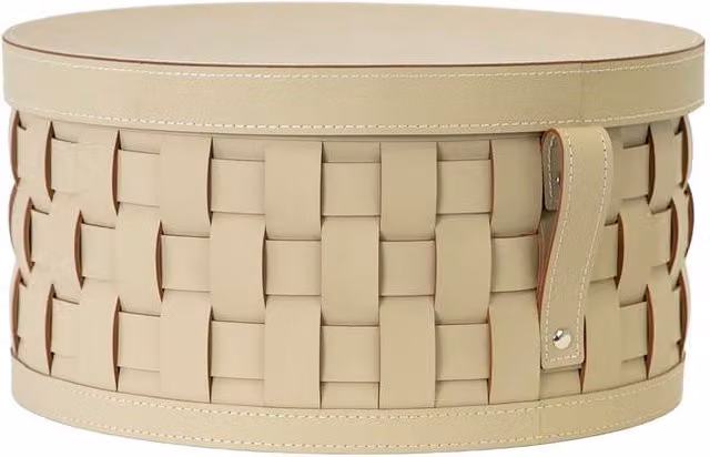 Angel Cerda Sand Regenerated Leather Round Storage Basket with Lid and Handles in Sand, W: 40 cm, D: 19 cm, H: 19 cm