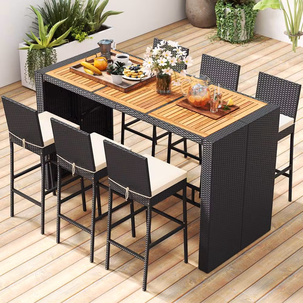 Costway 7 Piece Black Rattan Patio Bar Set with 6 Wicker Bar Height Chairs and Acacia Wood Details – 3