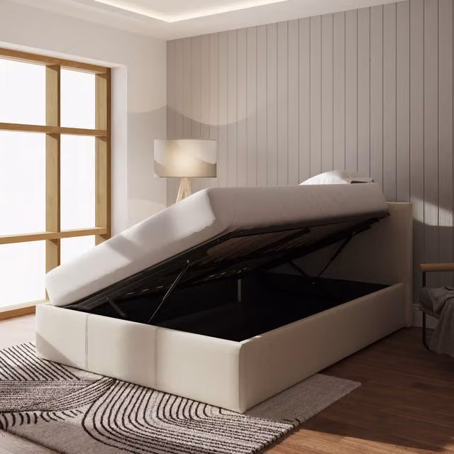 GFW Modern Upholstered Side Lift Ottoman Bed in Beige, W/D/H: 180 x 200 cm
