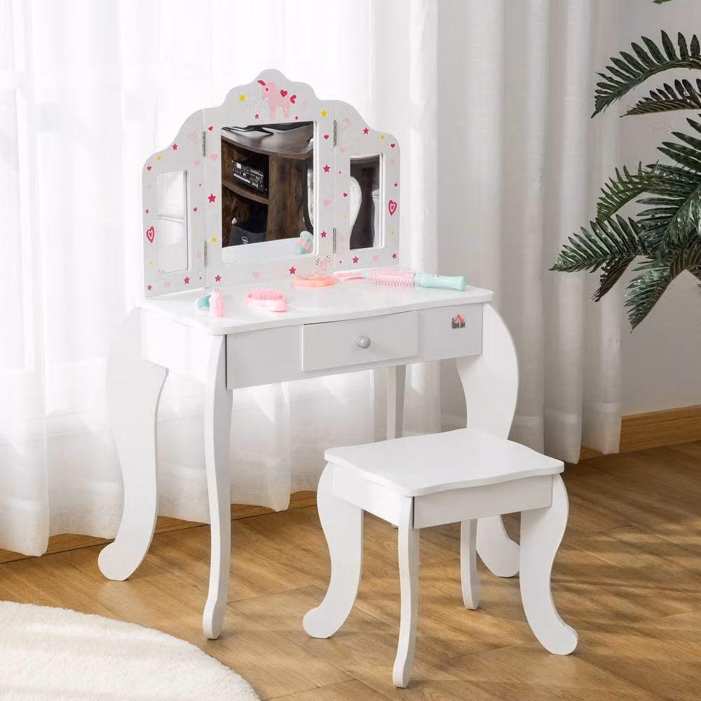 STILVORA Children's Dressing Table Set with Drawer in White – 2