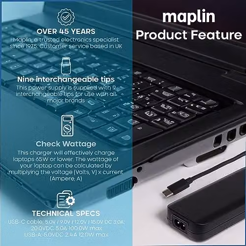 Maplin 100W USB-C Laptop Charger with USB-A Fast Charge Port and 3.35m Cable in Black – 3