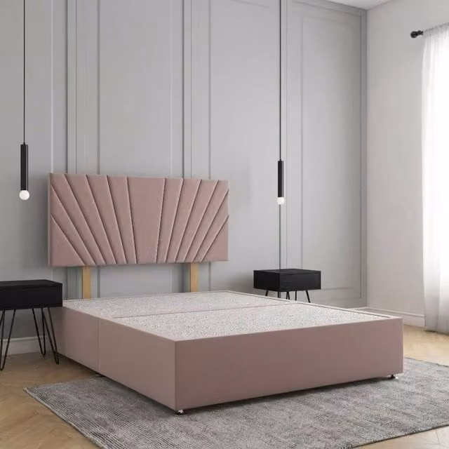 Regional Furnishings Super King Divan Bed Base with 24 inch Headboard in Pink Plush Velvet
