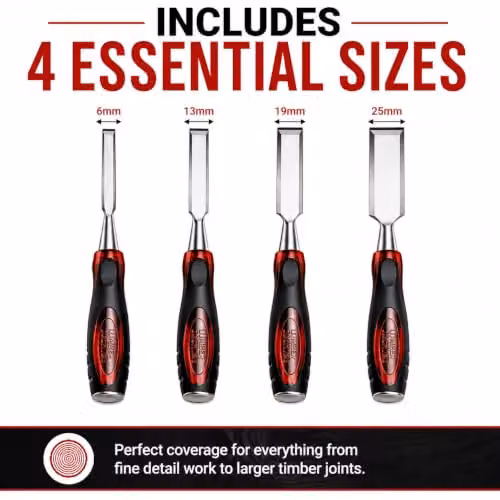 Lumberjack 4-Piece Red Bevel Edge Wood Chisel Set with Chrome Vanadium and Stainless Steel Strike Caps – 3