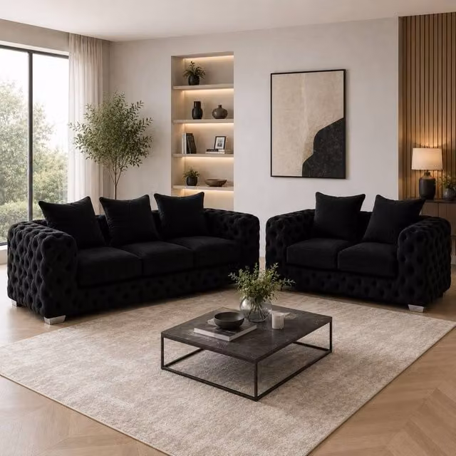 Stratus Interiors Ashley Scatter Back Chesterfield Fabric Sofa 2 and 3 Seater Set in Black