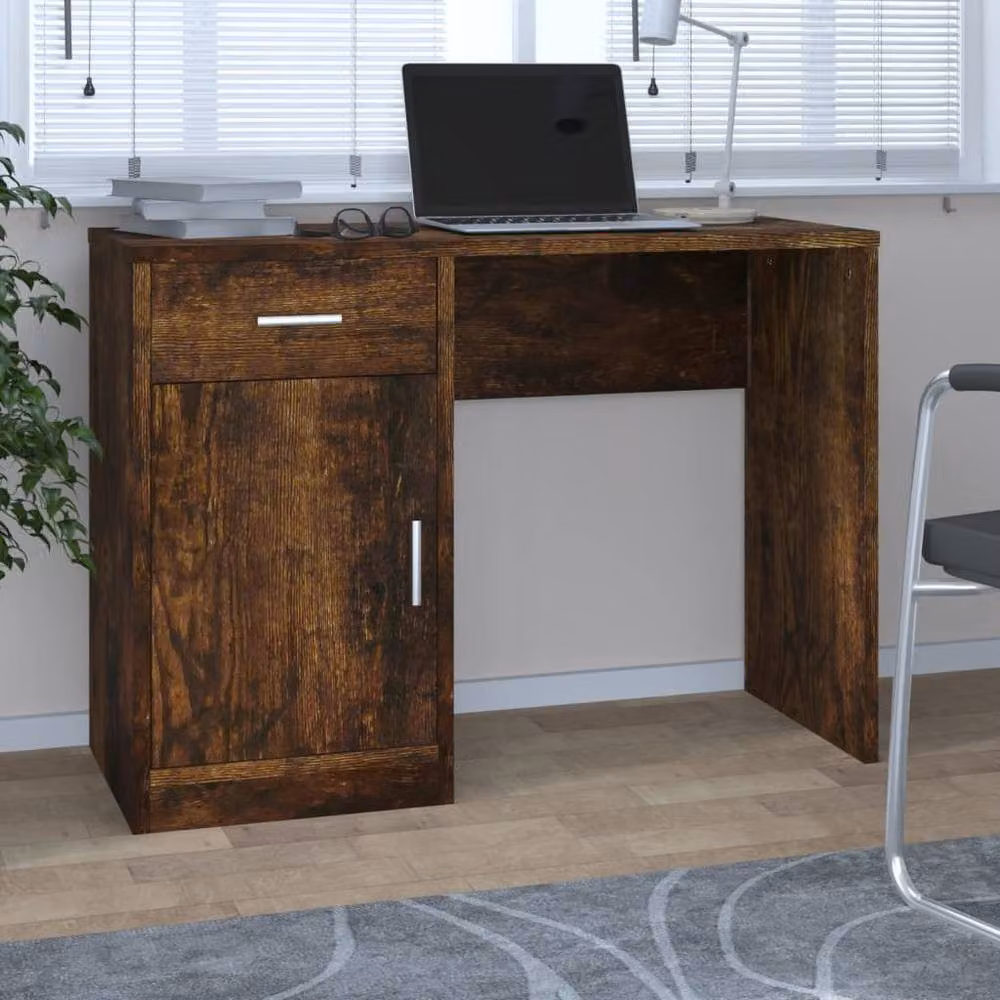 Berkfield Home Computer Desk with Drawer and Cabinet in Smoked Oak Brown, W/D/H: 100 x 40 x 73 cm – 2