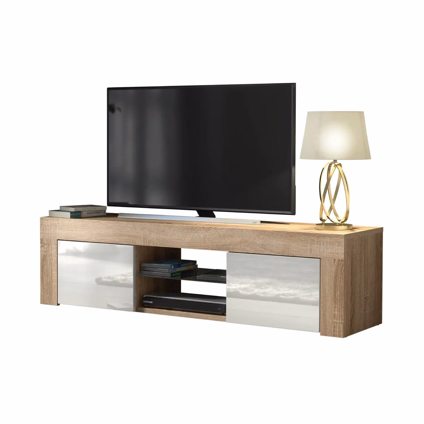 Creative Furniture Modern TV Unit in Oak with High Gloss White Doors, W: 130 cm, D: 35 cm, H: 35 cm – 3