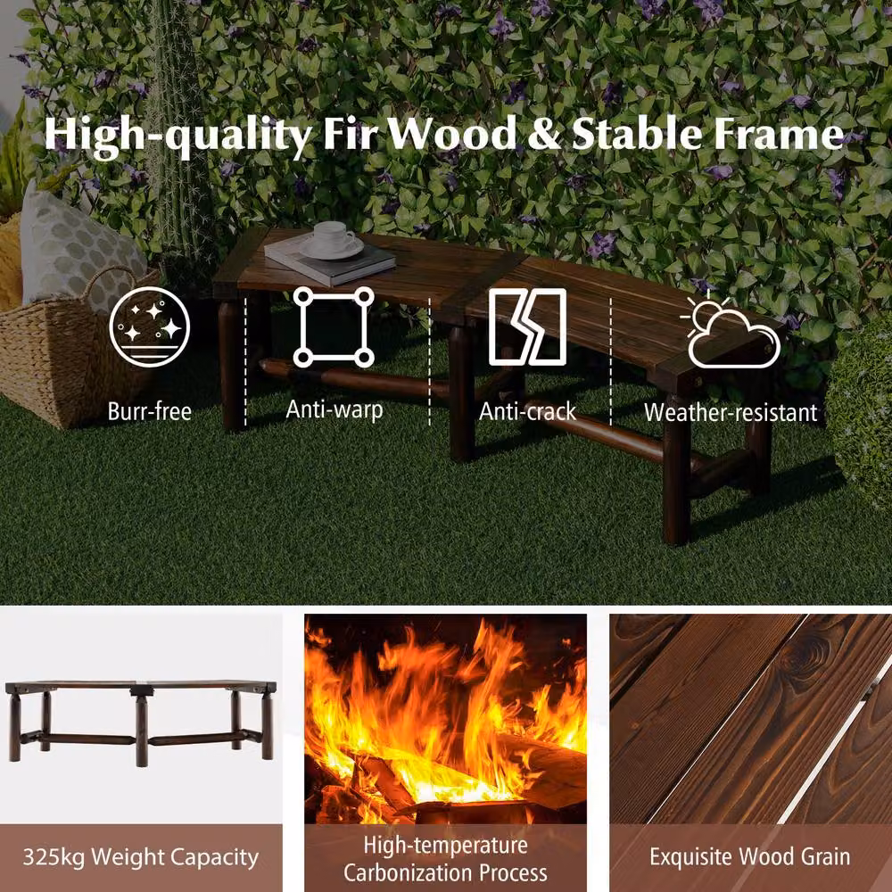 Gymax Brown Curved Pine Wood Patio Dining Bench for 2 Adults – 6