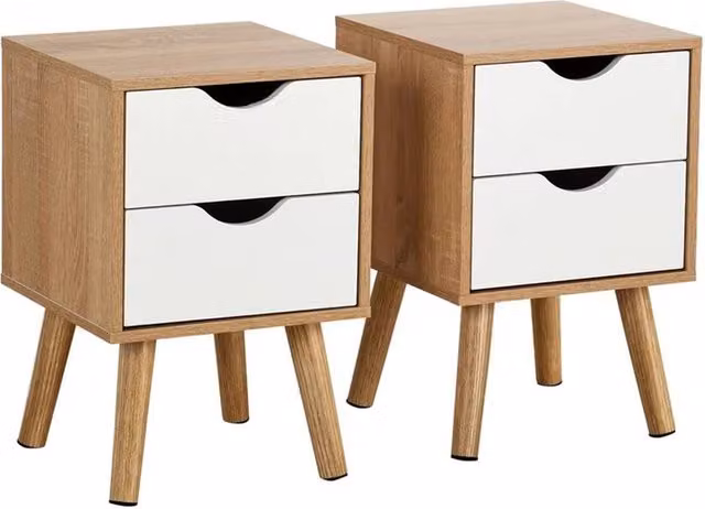 Nordara Set of 2 Oak White Bedside Cabinets with 2 Drawers and Wooden Legs in Brown – 1