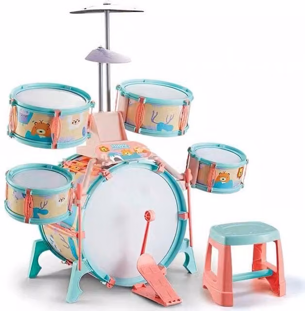 The Magic Toy Shop Kids Jazz Drum Kit with Light Music Note Cards and Stool in Silver