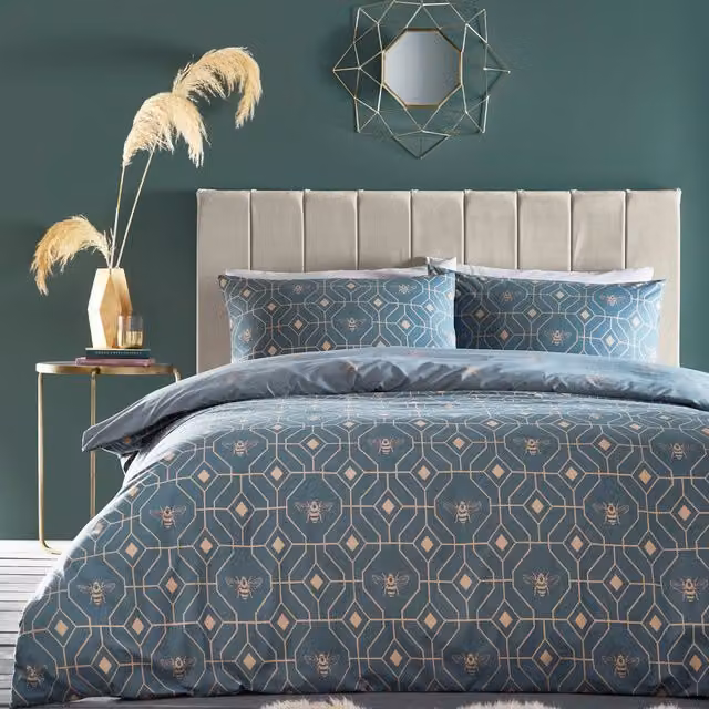 Furn Bee Deco Reversible Geometric Bumble Bee Duvet Cover and Pillowcase Set in Blue and Gold, 200 x 200 cm
