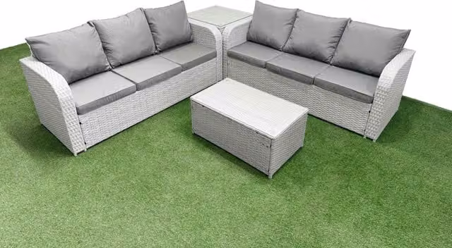 Fimous 6 Seater Rattan Garden Furniture Set with High Back Lounge Sofa, Side Table, and Rectangular Coffee Table in Grey