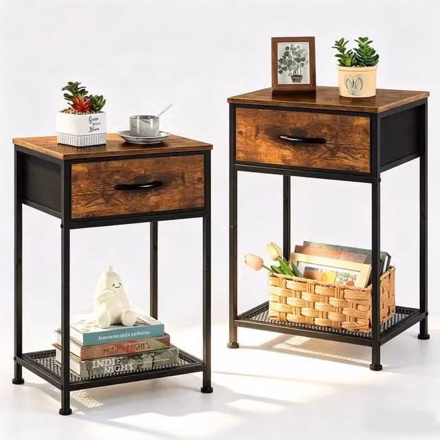 FORGEVIO Set of 2 Industrial Bedside Cabinets in Brown and Black, W/D/H: 40 x 30 x 60.5 cm
