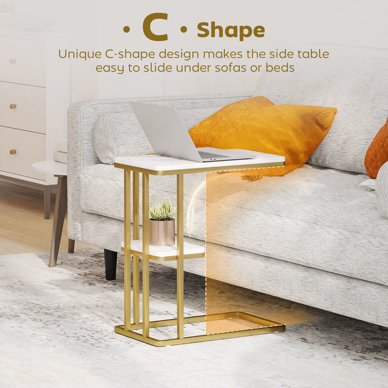 HOMCOM C-Shaped 2-Tier Narrow Side Table with White Marble Grain and Gold Finish – 3