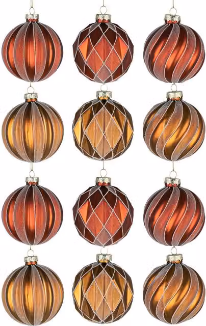 Shatchi Set of 12 Geometric Glass Baubles in Bronze, Gold and Red, Diameter: 8 cm – 8