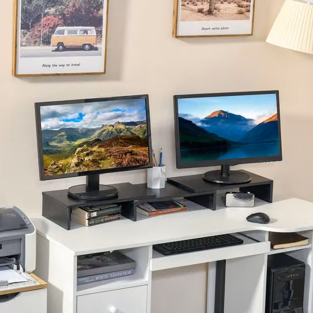 VINSETTO Dual Monitor Stand Riser with 3 Shelves, Adjustable Length and Angle, Black – 1