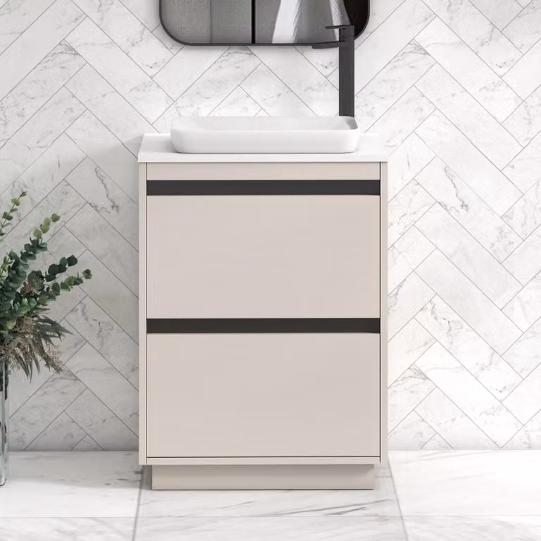 Royal Bathrooms Orion 600mm Warm Taupe Floor Standing 2 Drawer Vanity Unit with Qubix Basin and Black Accent Trim