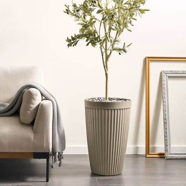 Wyld and Coco Matte Beige Fibre Clay Planter Pot for Indoor and Outdoor Use, Diameter: 39 cm