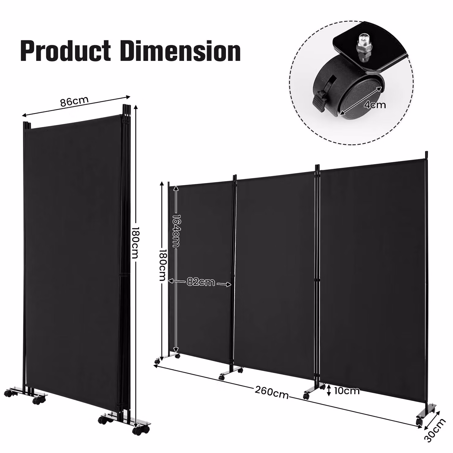 Costway 3 Panel Rolling Room Divider Privacy Screen in Black – 2