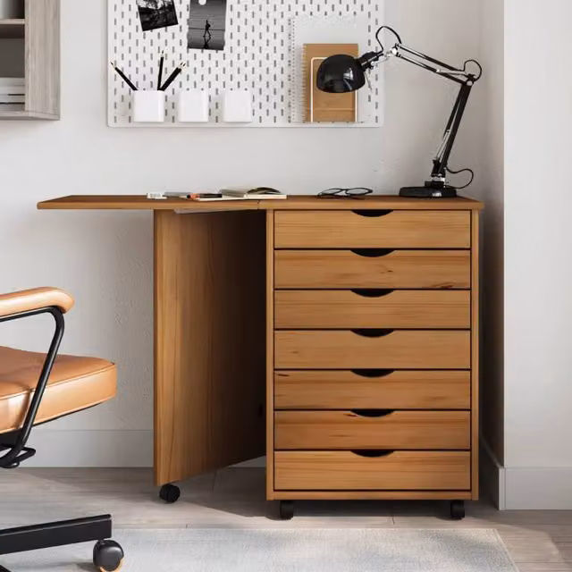 Berkfield Home Moss Rolling Cabinet with Desk in Honey Brown Solid Wood Pine – 1