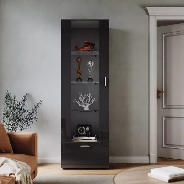 SPETLEK Modern High Gloss Display Cabinet in Black with Glass Doors