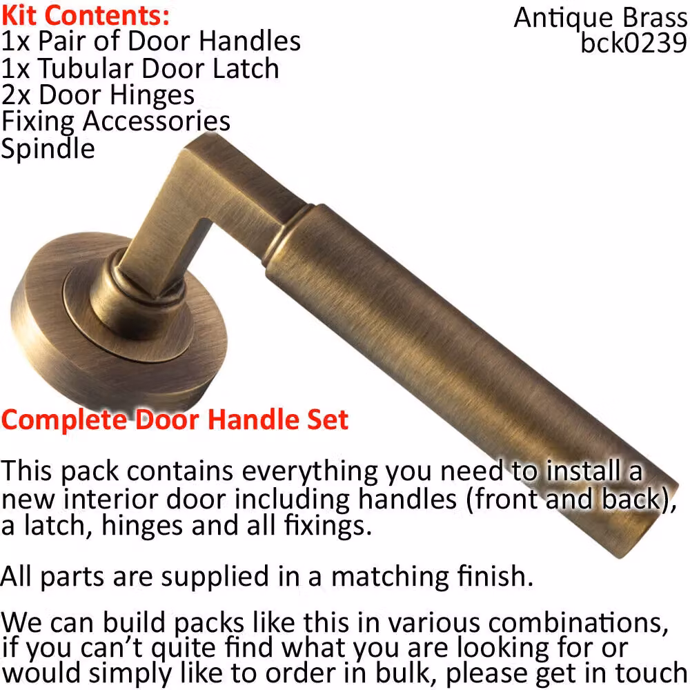 Loops Antique Brass Door Handle and Latch Pack with Straight Round Bar and Round Rose – 2