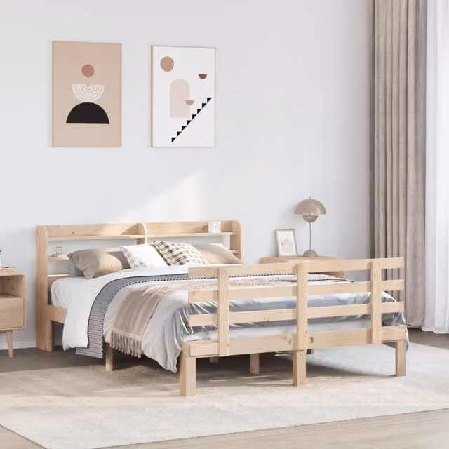 Berkfield Home King Size Bed Frame with Headboard and Side Compartments in Brown Rustic Solid Pine, W/D/H: 150 x 200 cm