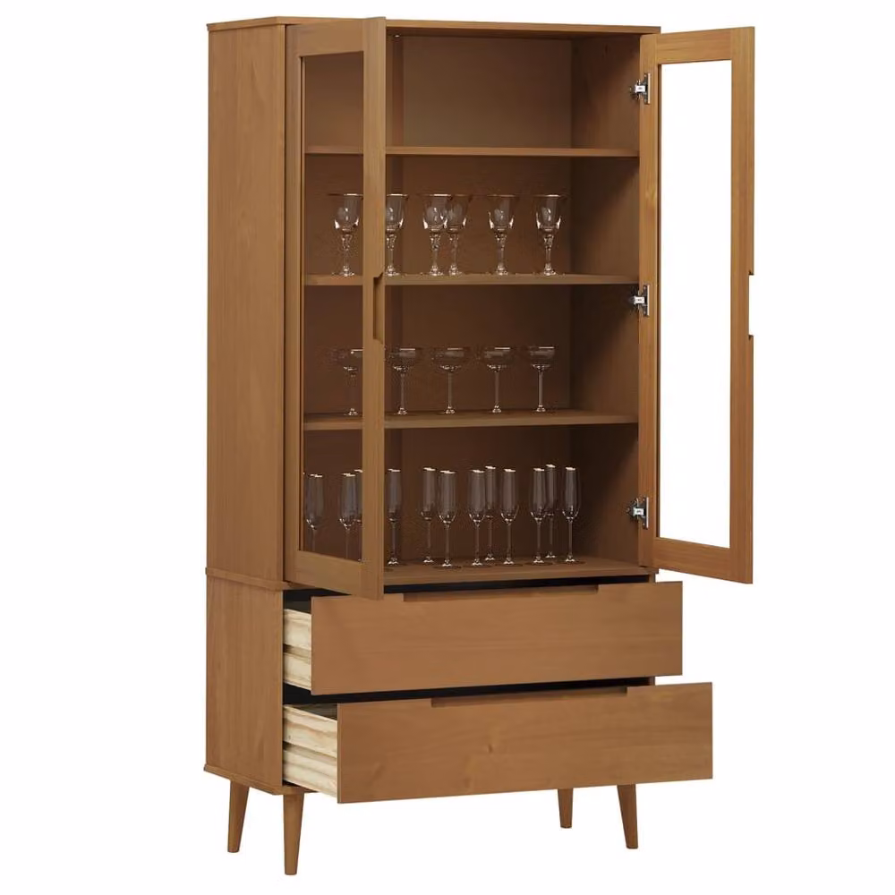 Berkfield Home MOLDE Vitrine Cabinet in Brown Solid Pine Wood with Glass Doors, W/D/H: 90 x 35 x 175 cm – 2
